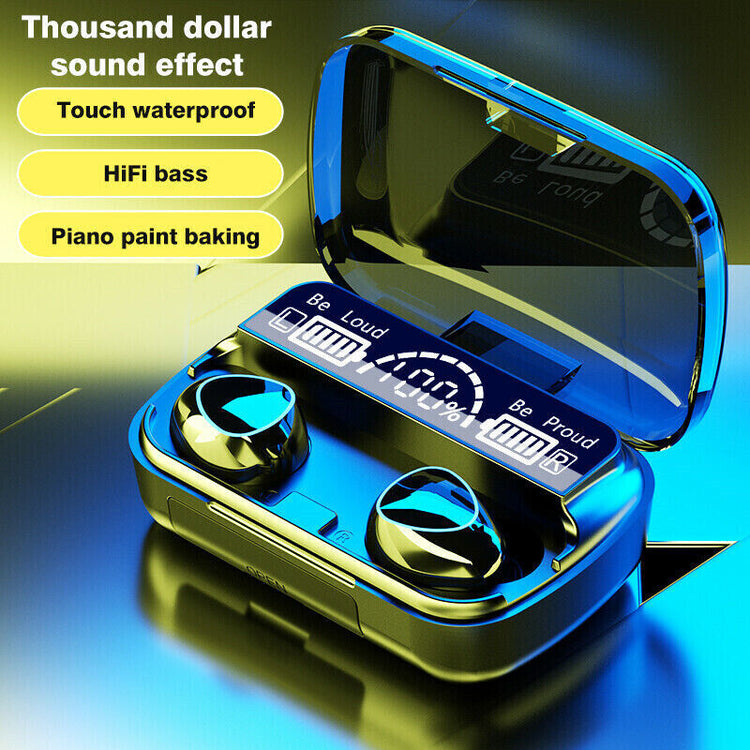 a blue and silver wireless earbuds