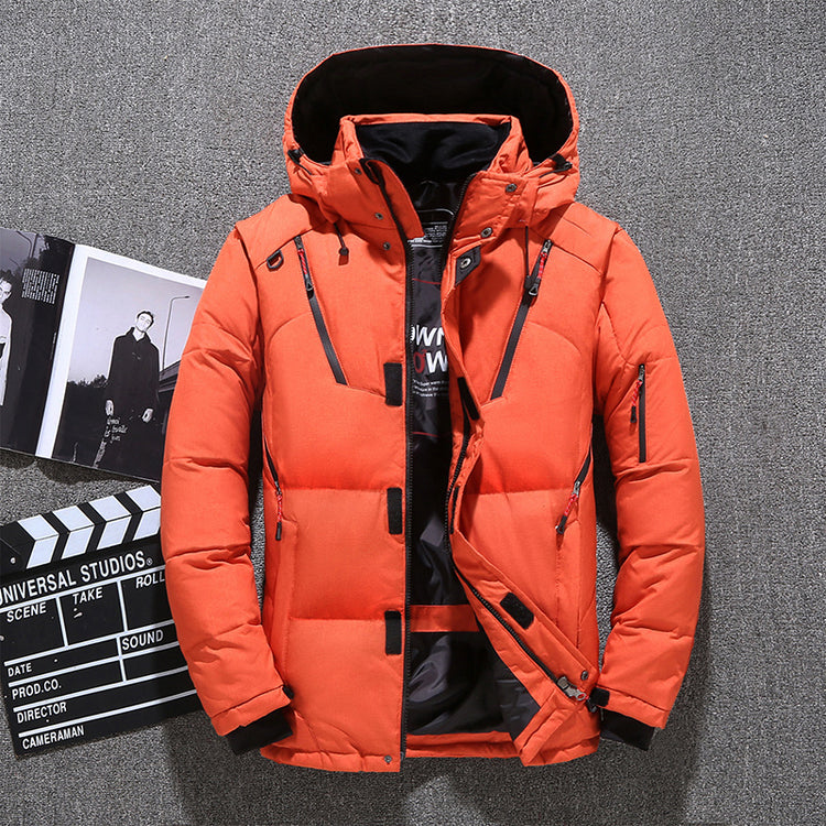 an orange jacket with a black tie