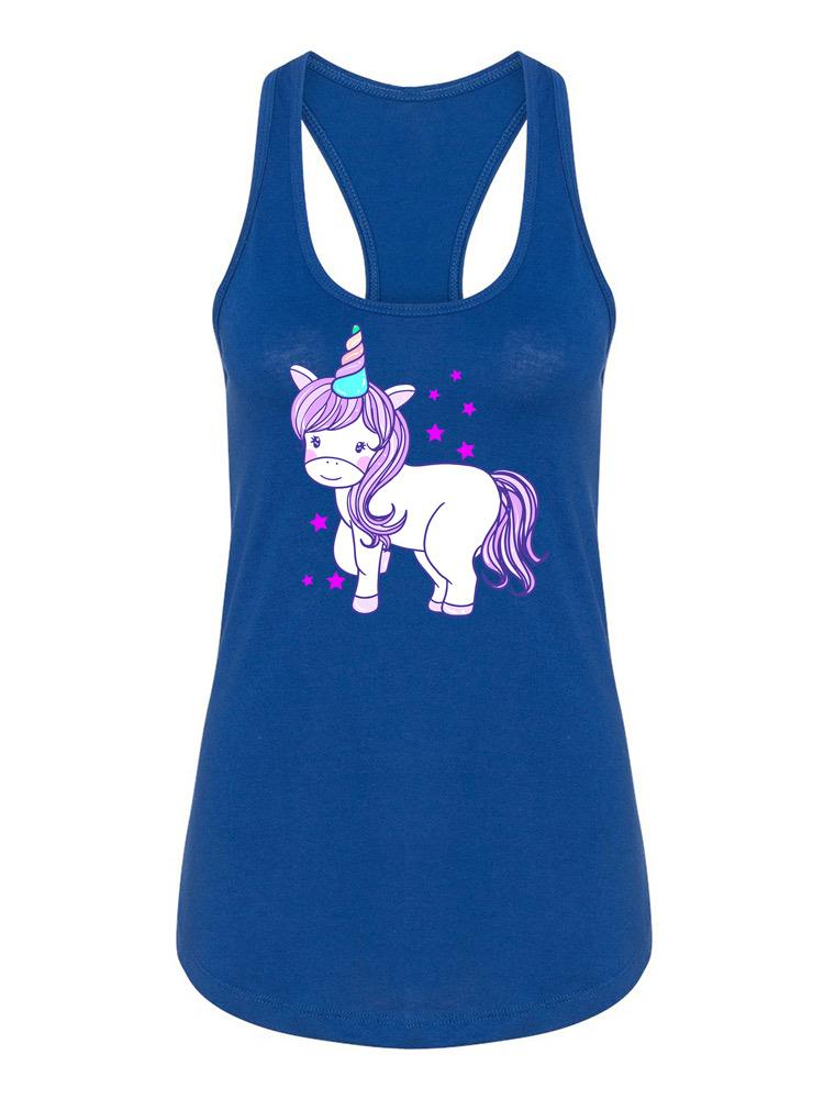 a blue tank top with a unicorn on it