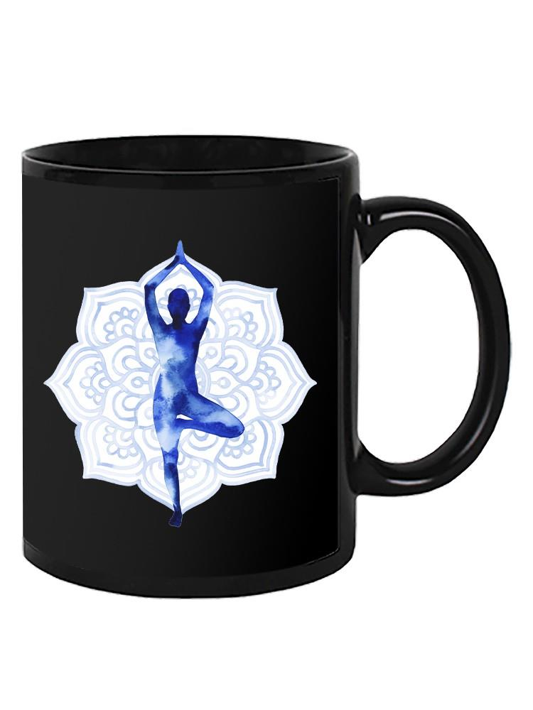 a black mug with a person in a yoga pose
