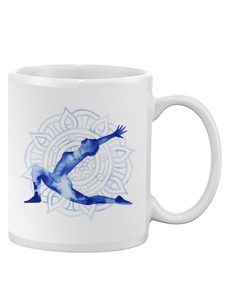 a white mug with a person in the yoga pose