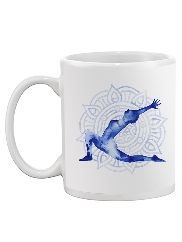 a white mug with a person in the yoga pose