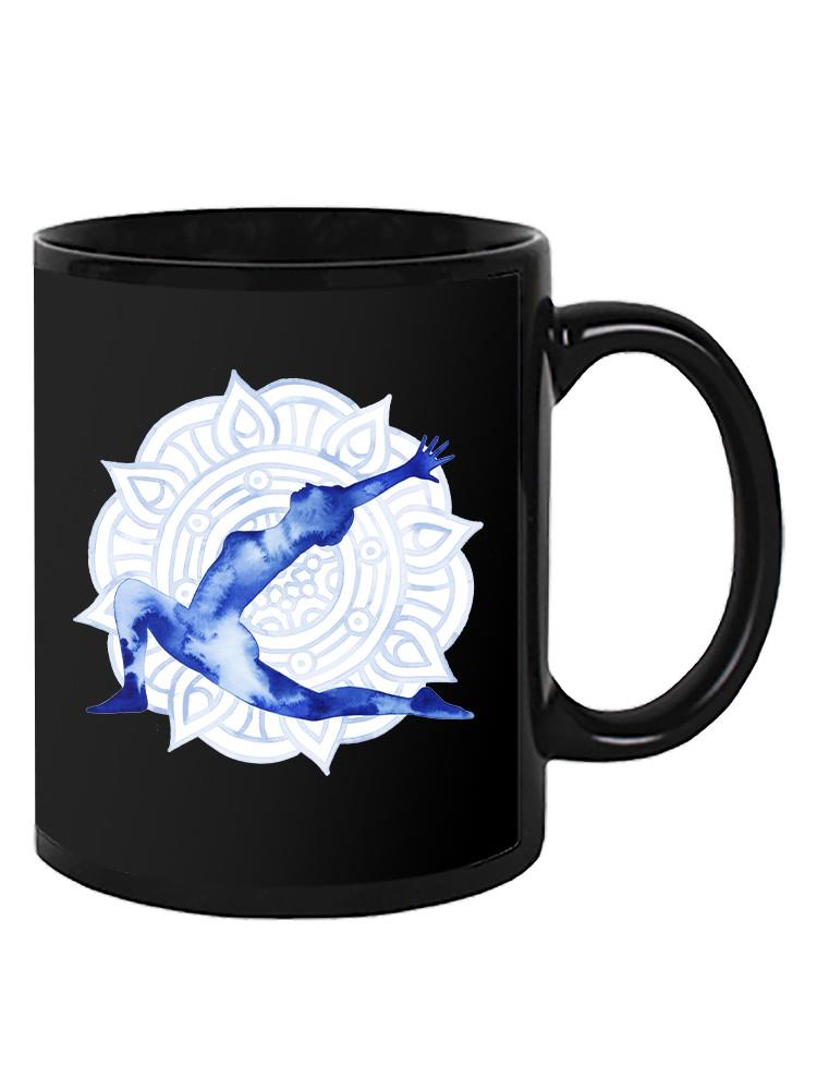 a black mug with a person in the yoga pose
