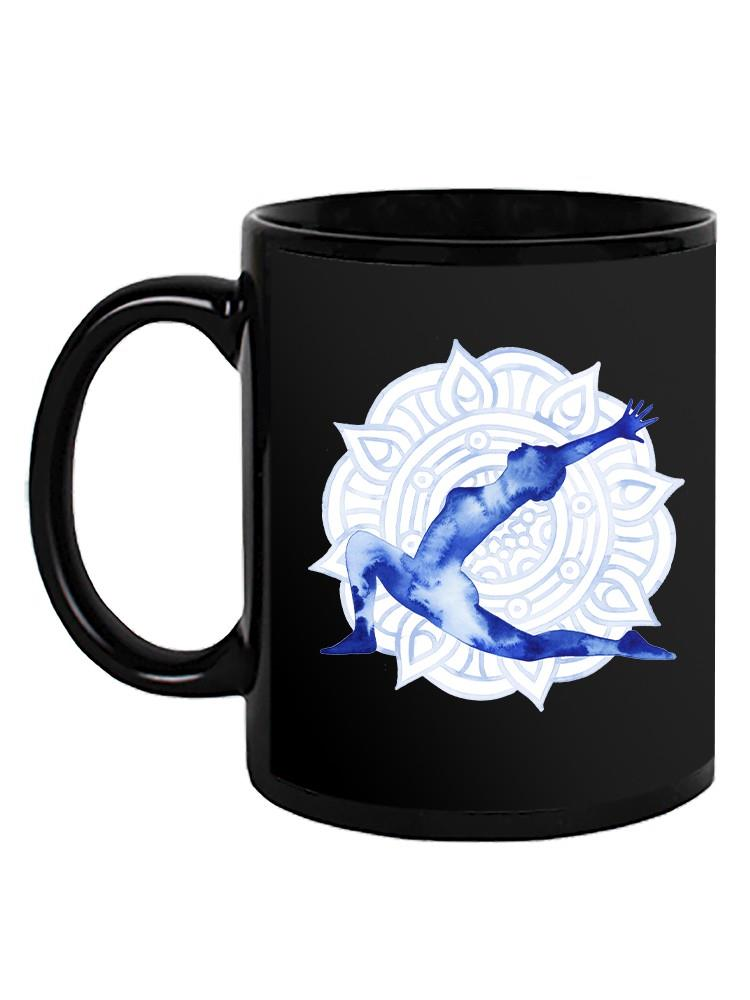 a black mug with a person doing yoga