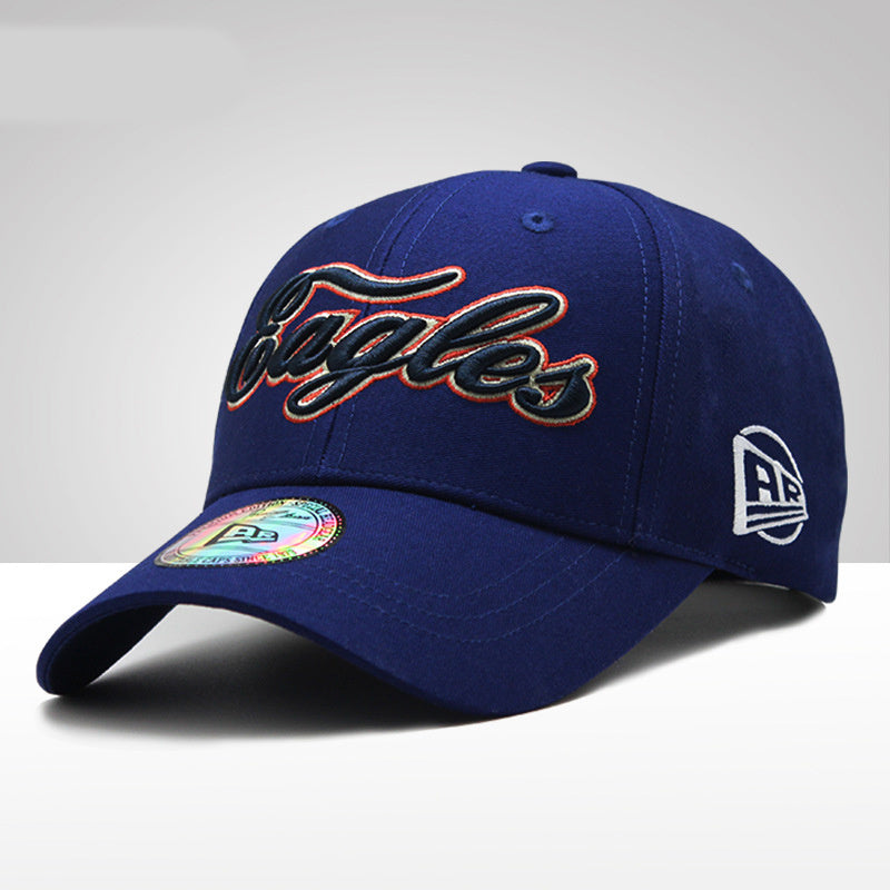 a blue baseball hat with a logo on it