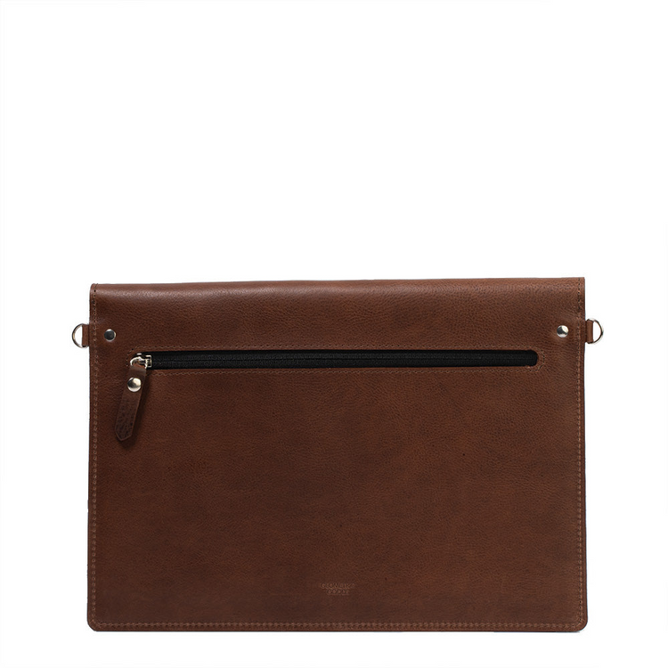 a brown leather bag with a zipper