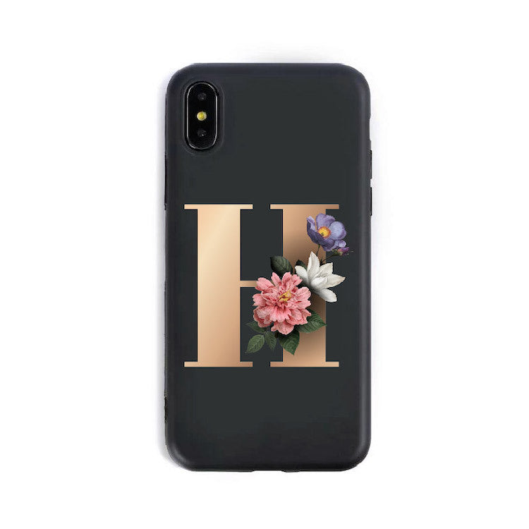 a black phone case with a letter on it
