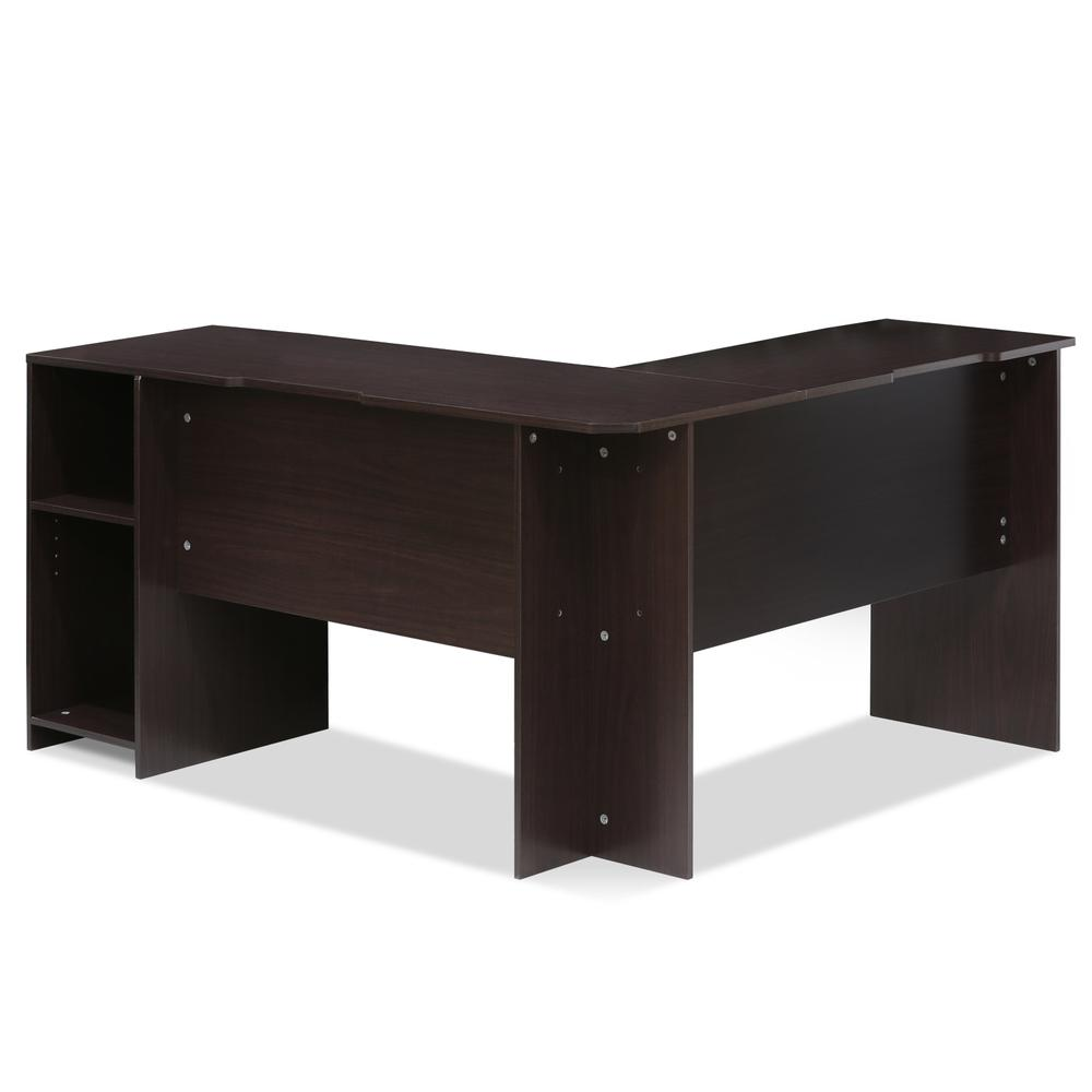 a corner desk with shelves