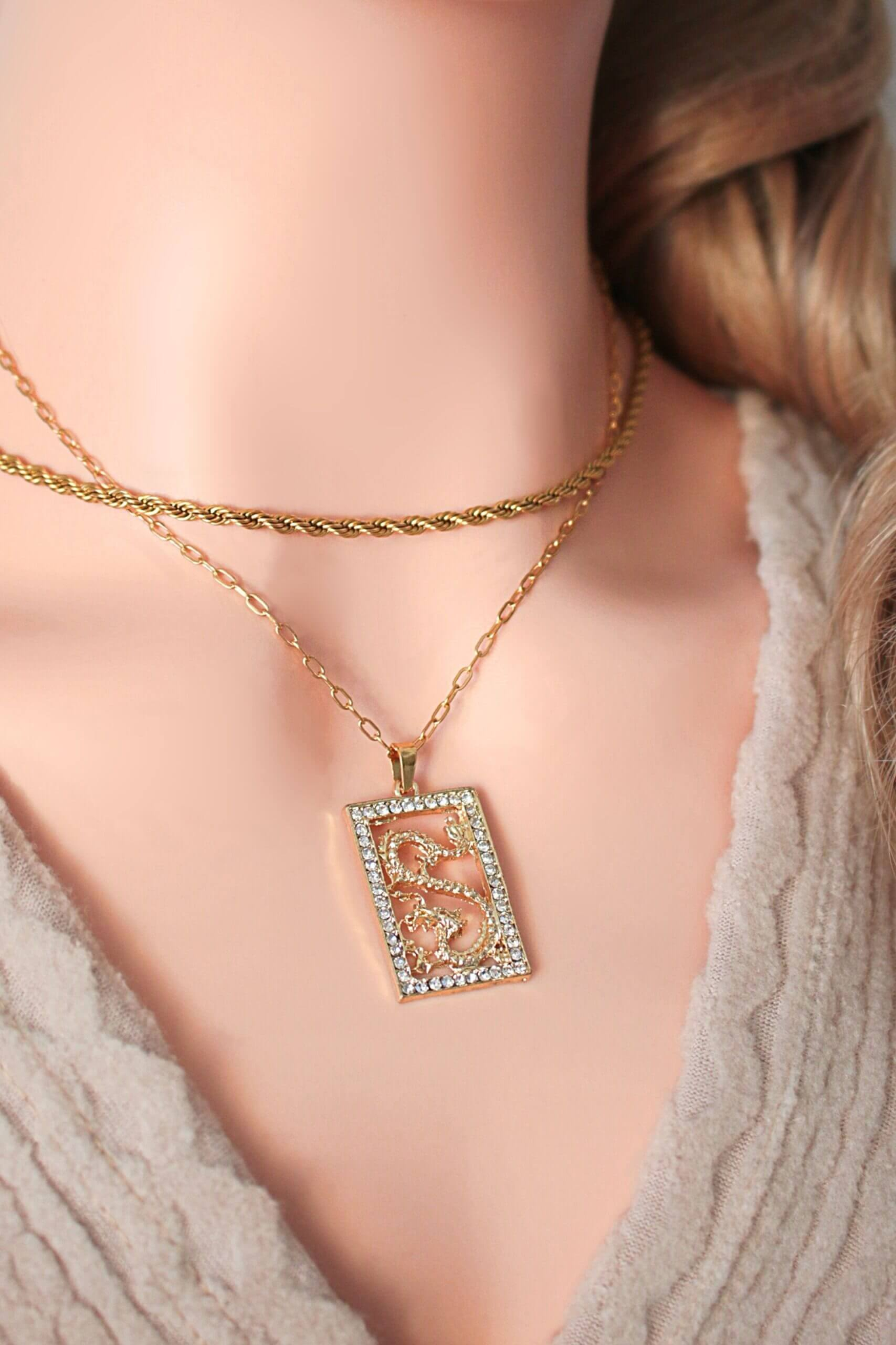 24K CZ Chinese Dragon Necklace