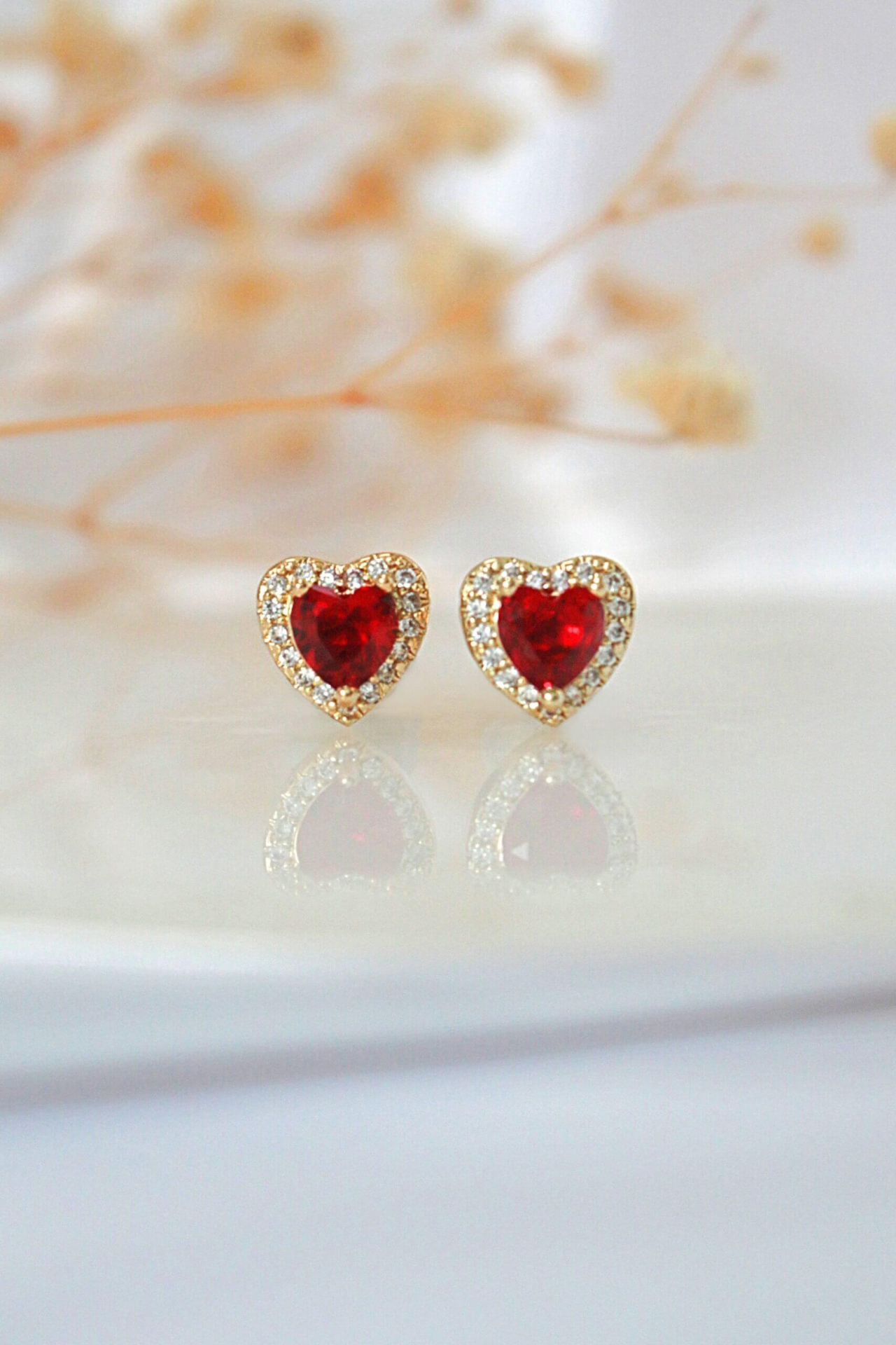 "Valentines Date" | 18K Red CZ Heart Stud Earrings