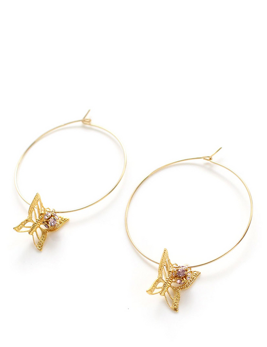 Gold butterfly hoop earrings
