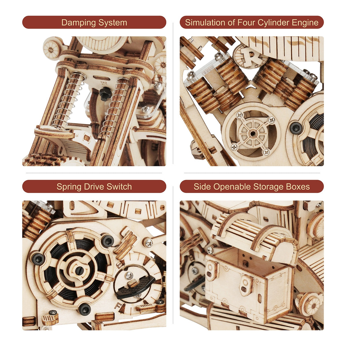 a collage of a wooden model