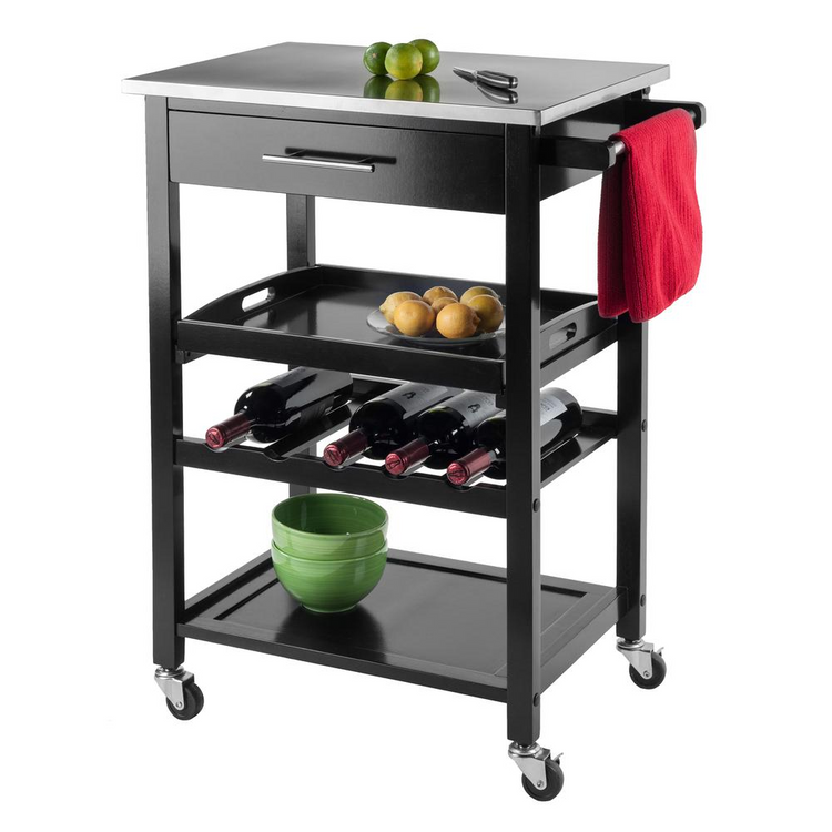 a black cart with a shelf of wine bottles and fruits