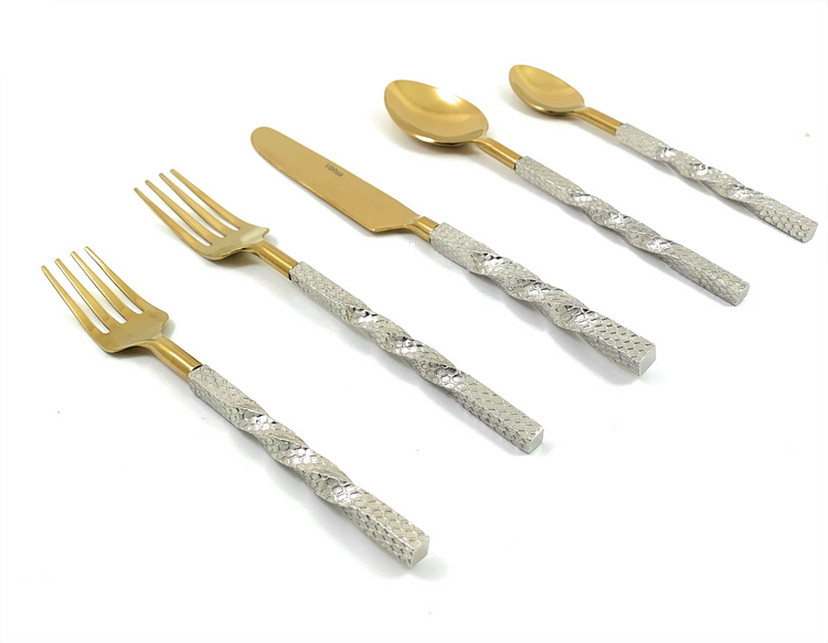 a group of silverware with a twist design
