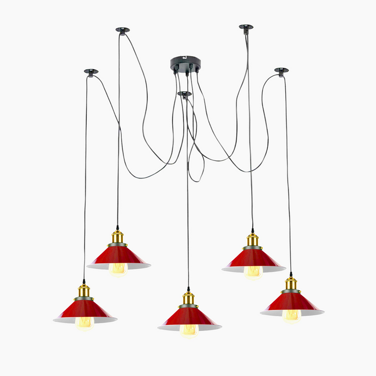 a group of red lamps from a ceiling
