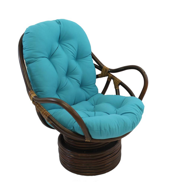 a blue cushioned chair