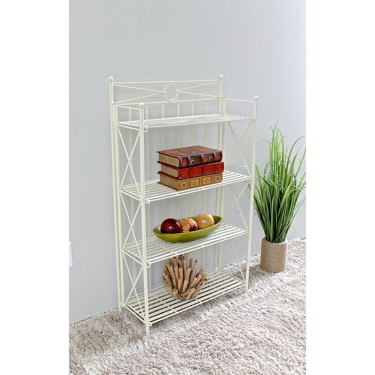 a white metal shelf with fruit and a plant