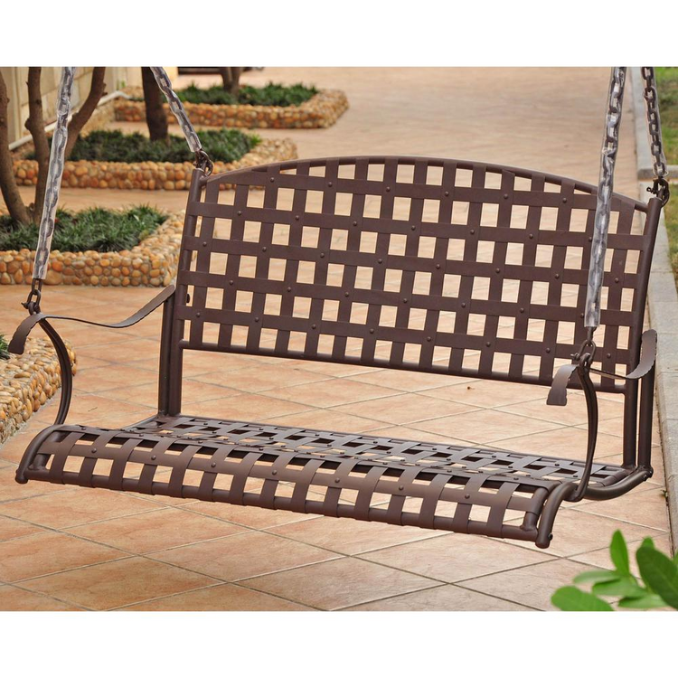 a metal swing with a basket weave back