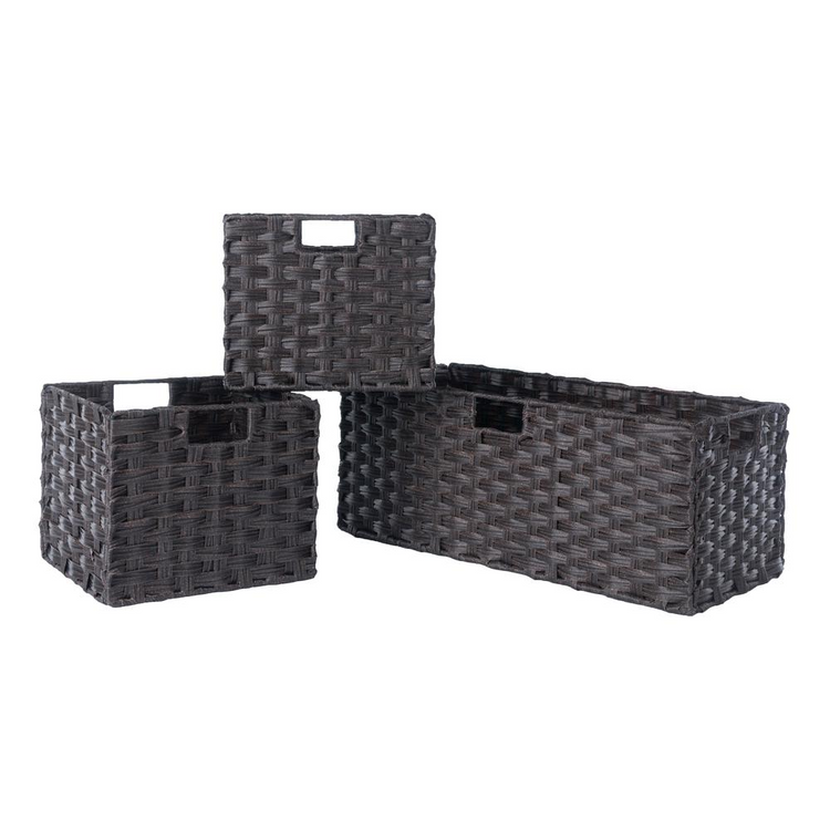 a group of black baskets