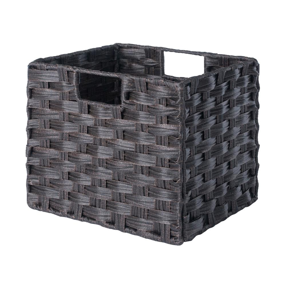 a black basket with handles