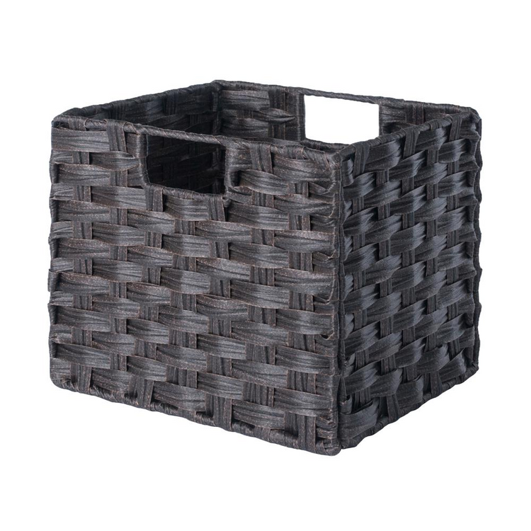 a black basket with handles