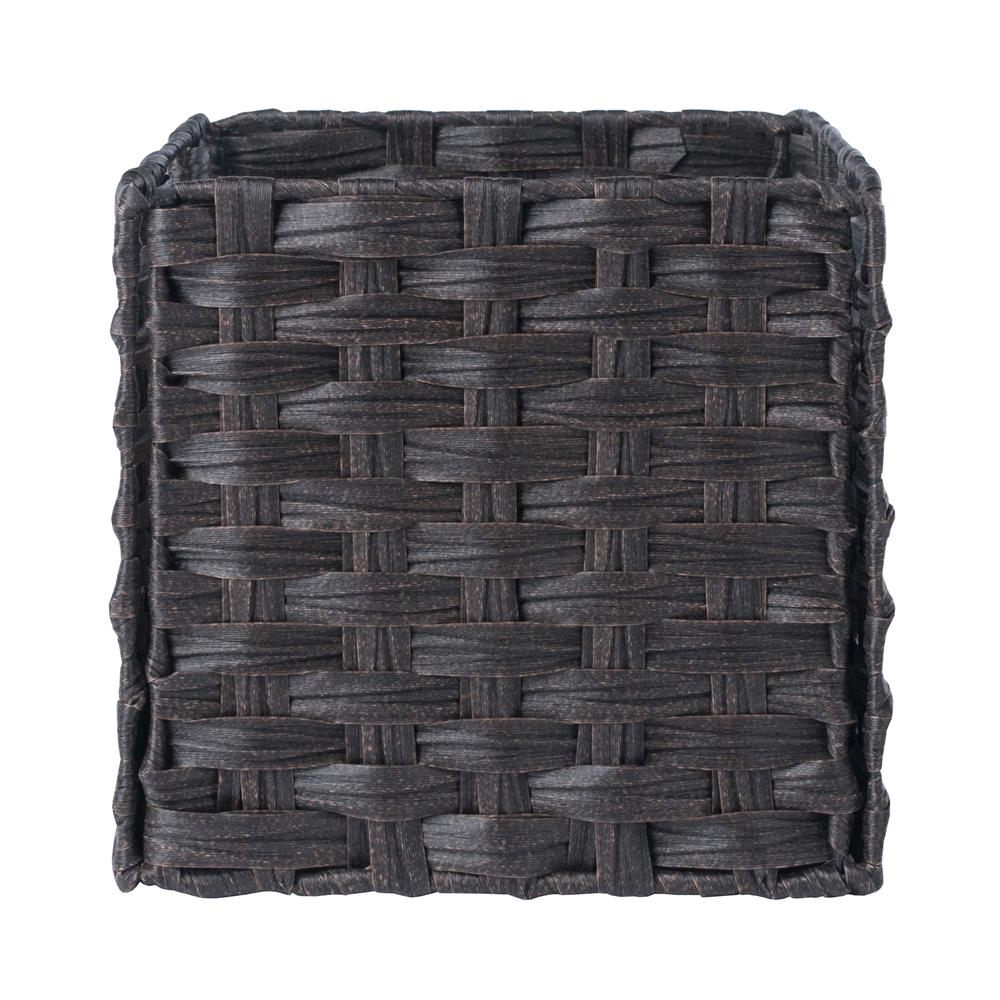 a black basket with woven edges