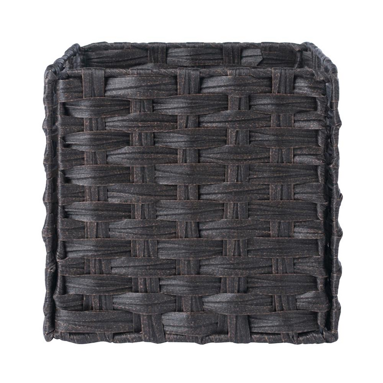 a black basket with woven edges