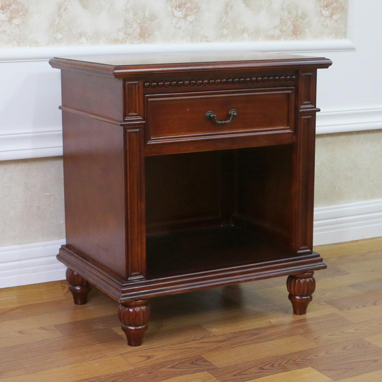 a wooden nightstand with a drawer