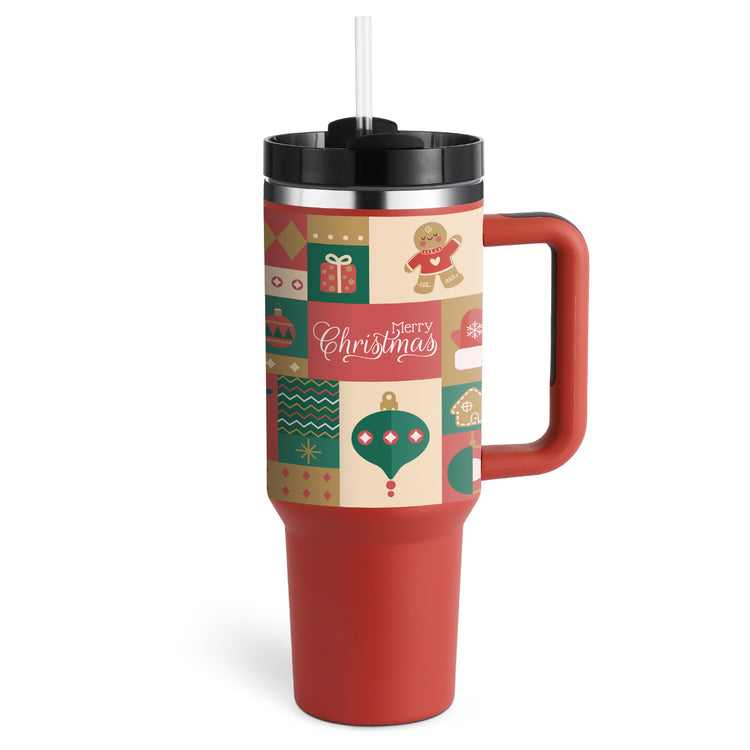 a red and black travel mug with a straw