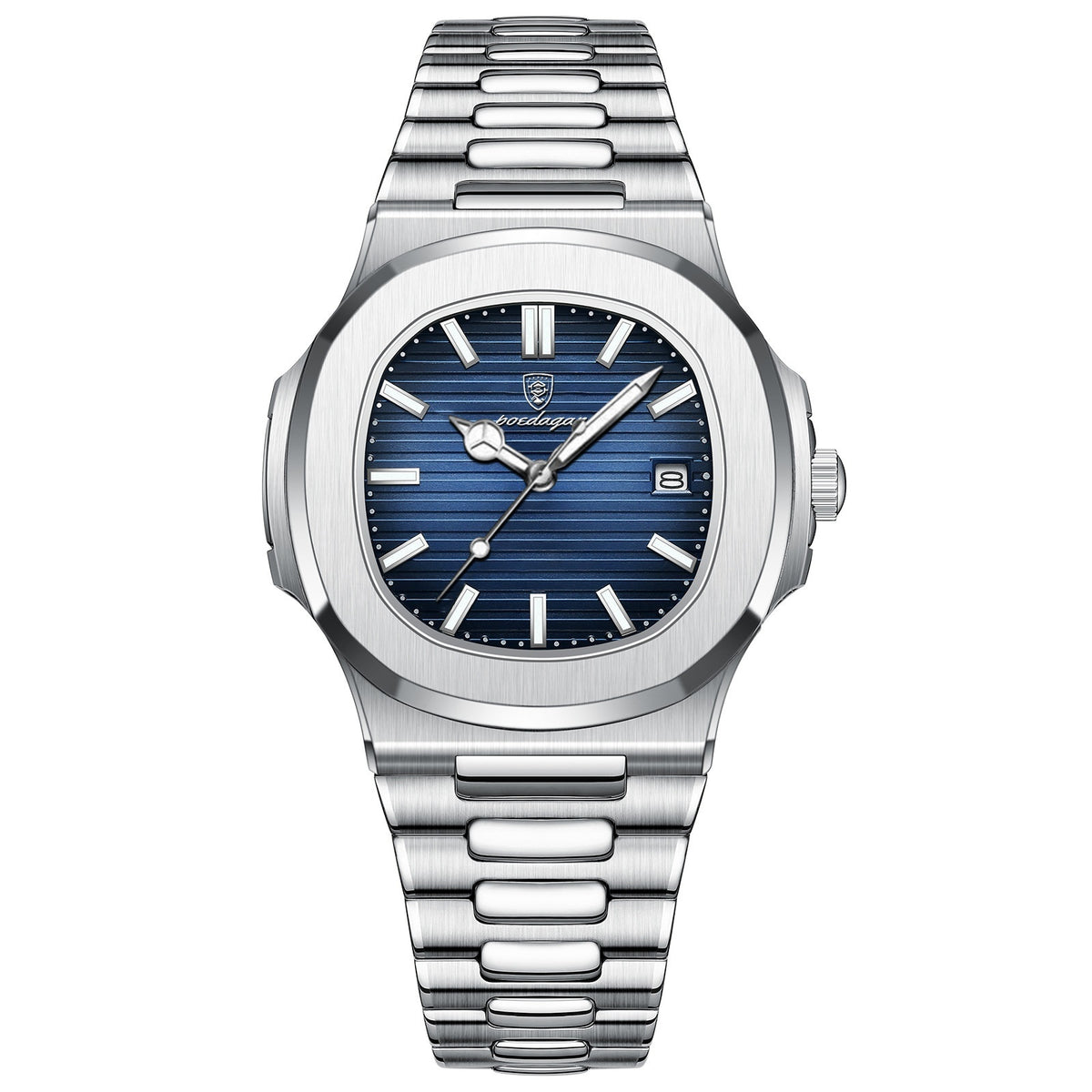 a silver and blue watch
