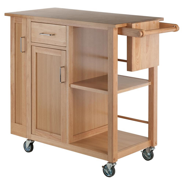 a wooden cart with a drawer and shelves