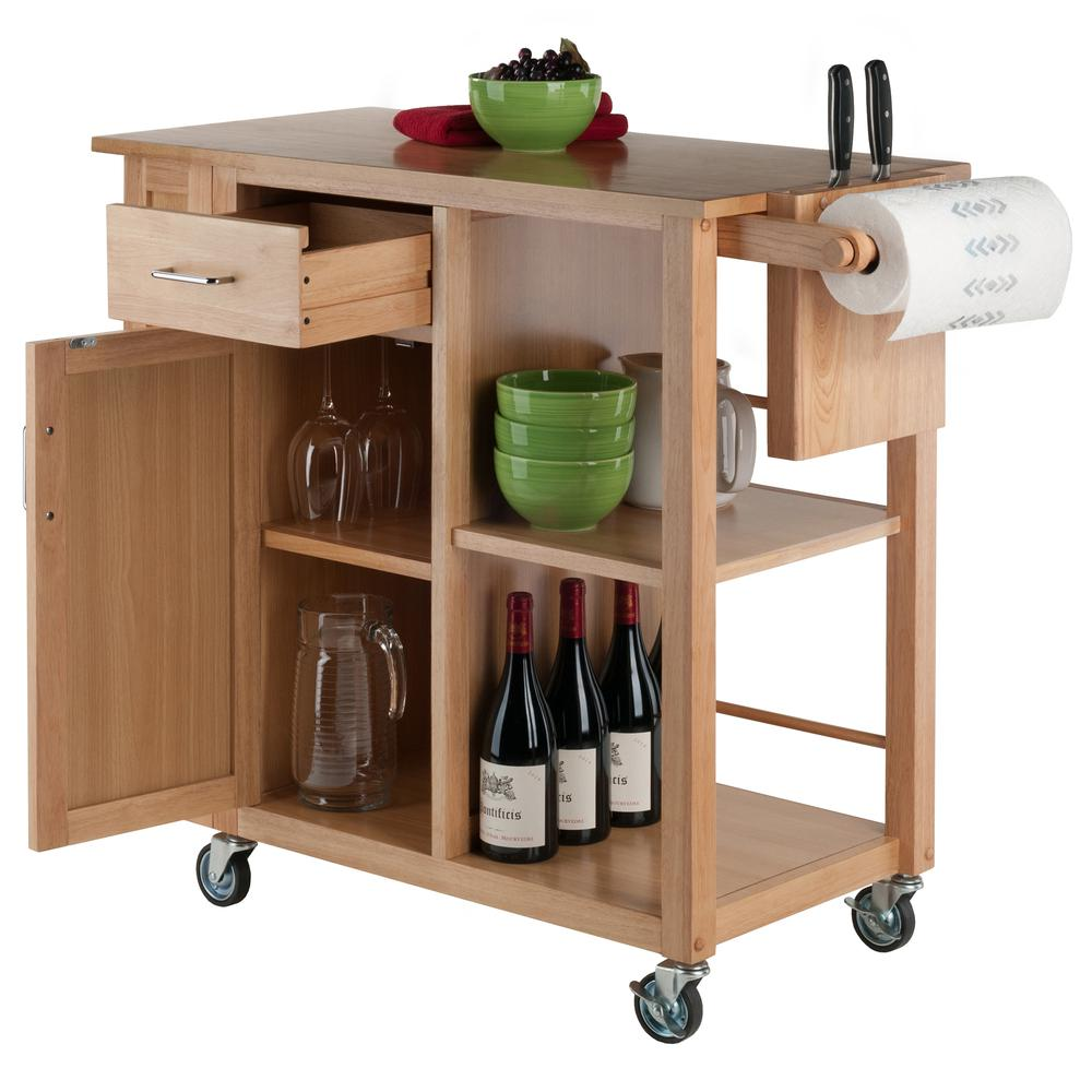 a wooden kitchen cart with a rolling shelf and bottles of wine
