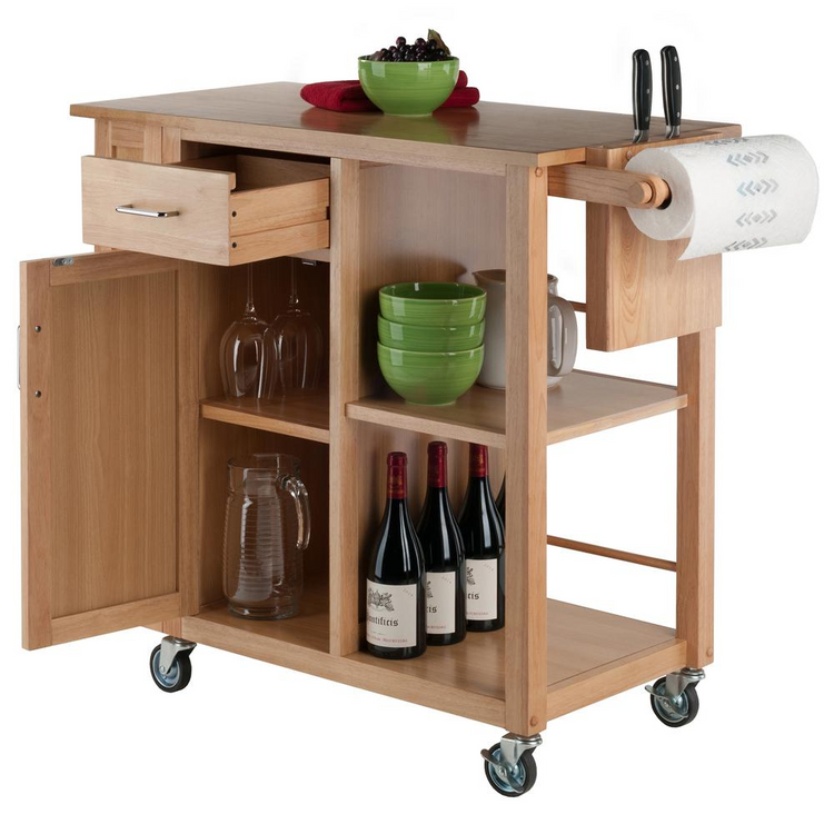 a wooden kitchen cart with a rolling shelf and bottles of wine