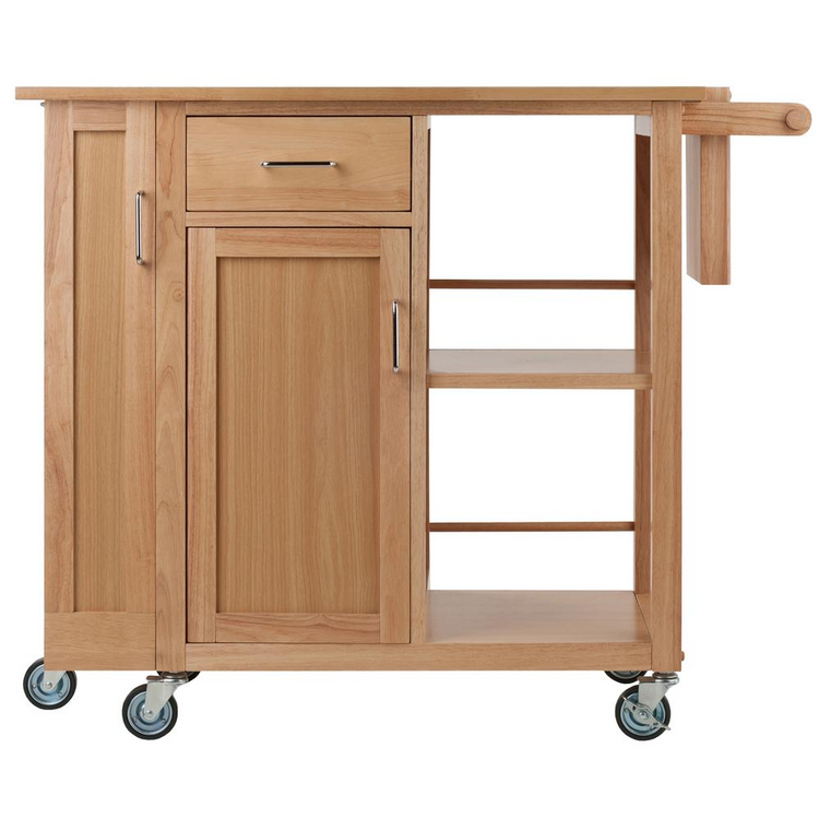 a wooden cart with a drawer and shelves