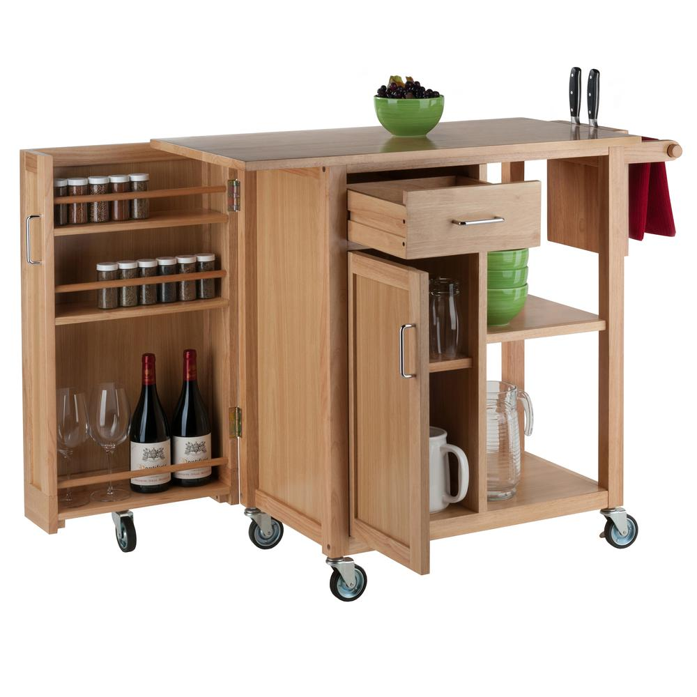 a wooden cart with a shelf and bottles of wine