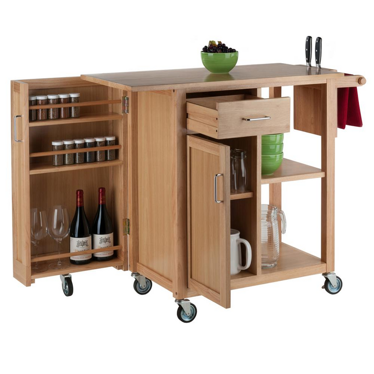 a wooden cart with a shelf and bottles of wine