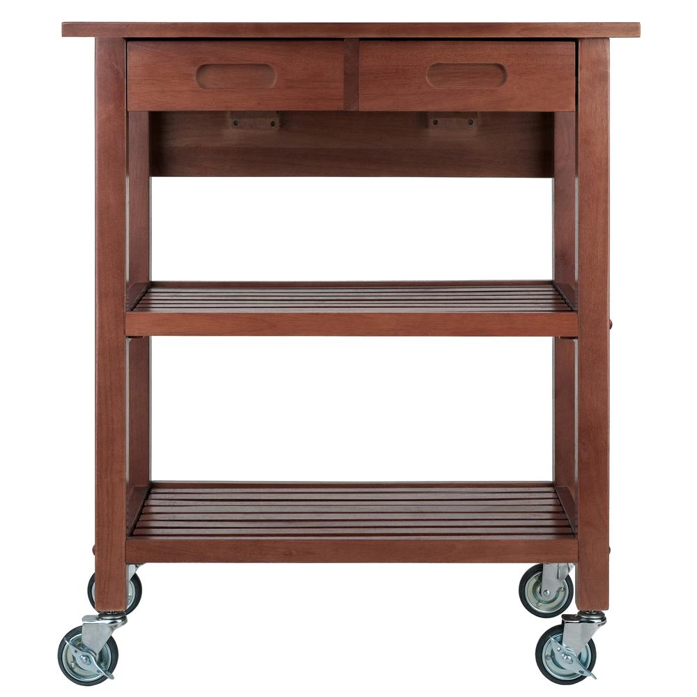 a brown wood cart with wheels