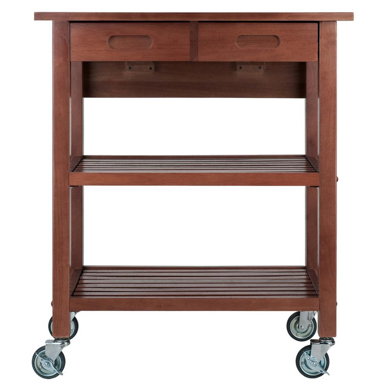 a brown wood cart with wheels