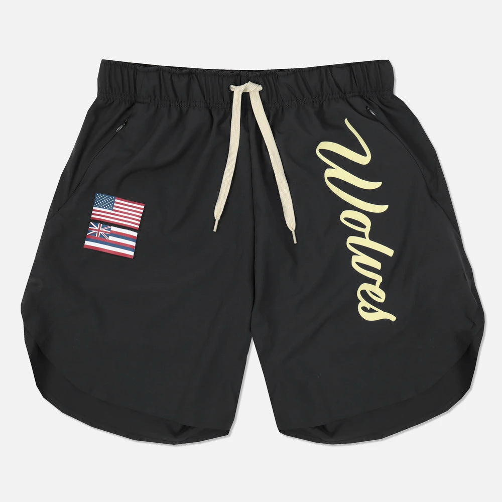 a black shorts with a flag patch