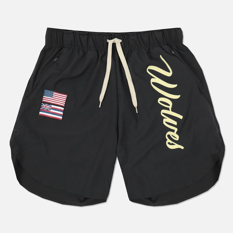 a black shorts with a flag patch