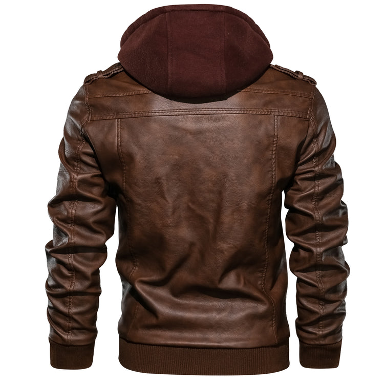 a brown leather jacket with a hood