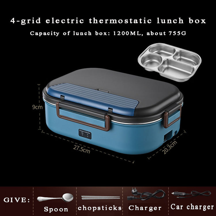 a blue lunch box with a tray and a tray