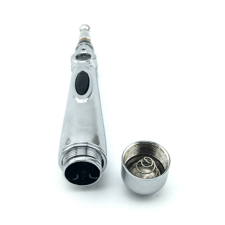 a silver pen with a round silver container