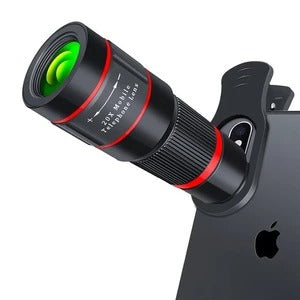 a black cell phone with a telescope