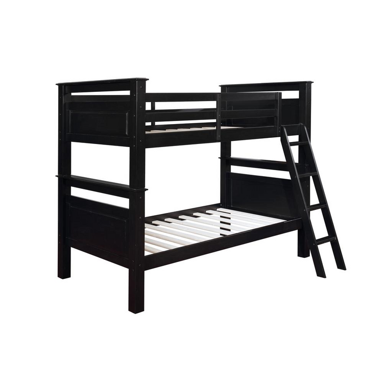 a black bunk bed with ladder