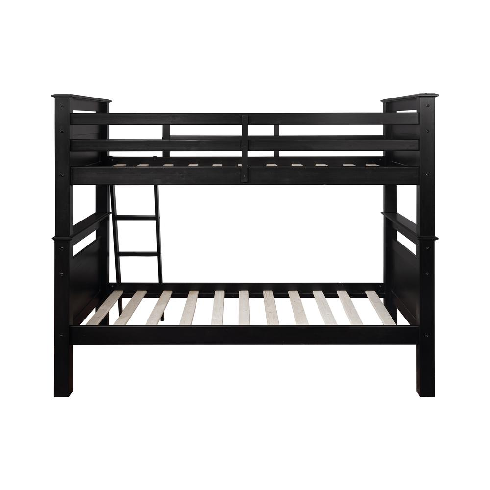 a black bunk bed with a ladder