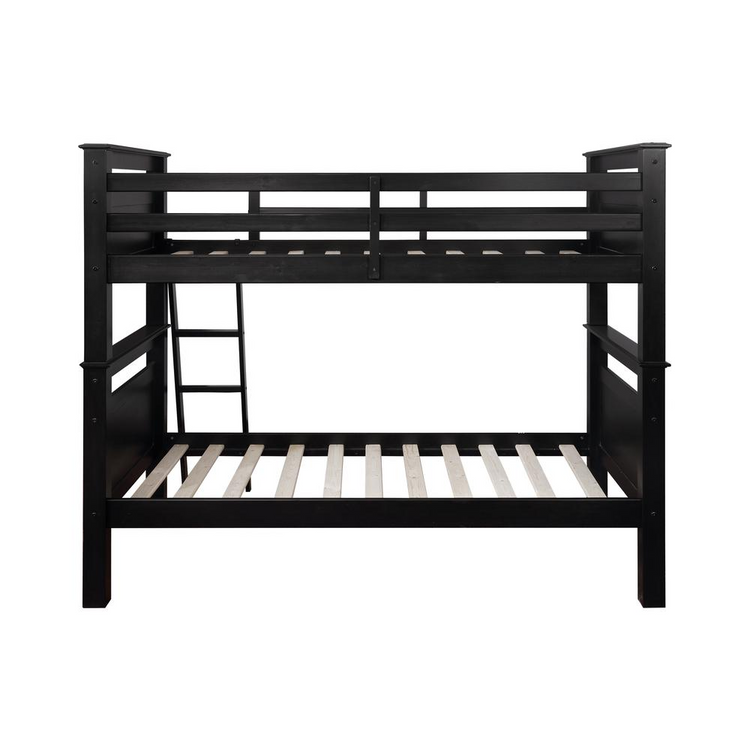a black bunk bed with a ladder