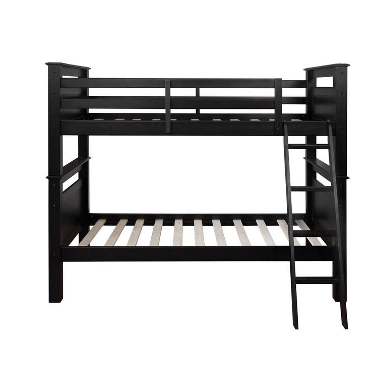 a black bunk bed with ladder
