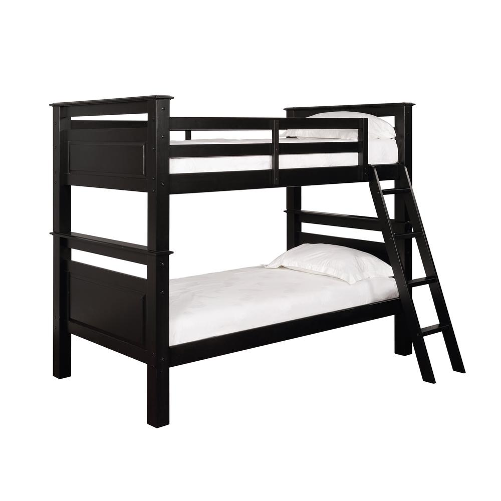 a black bunk bed with a ladder