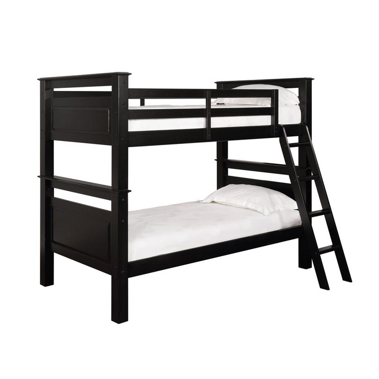 a black bunk bed with a ladder